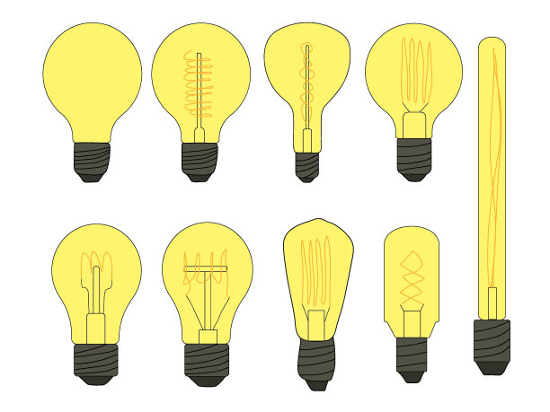 一套发光的灯泡图标。白炽灯泡的矢量涂鸦插图。图片下载