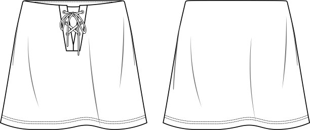 矢量迷你裙时尚，女人裙眼细节草图，模板，平，技术图纸。针织或梭织上衣，有正反两面，白色图片下载