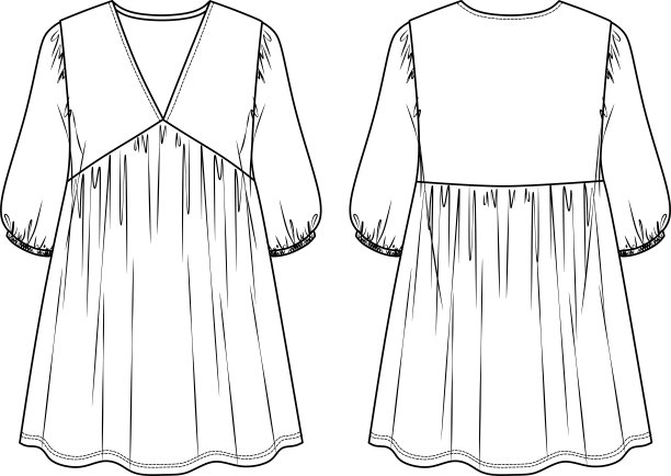 矢量长袖迷你裙技术图纸，女人疲倦连衣裙与v领和气球袖时装CAD，草图，模板，平。针织或梭织服装，正面，背面，白色图片下载