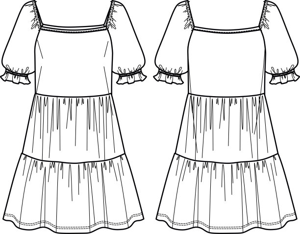 矢量短袖方领迷你裙技术图纸，女人累连衣裙与褶边细节时尚CAD，草图，模板，平。针织或梭织服装，正面，背面，白色图片下载