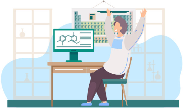 一个男人坐在化学教室里。盖伊很高兴，举起了手。元素周期表图片下载