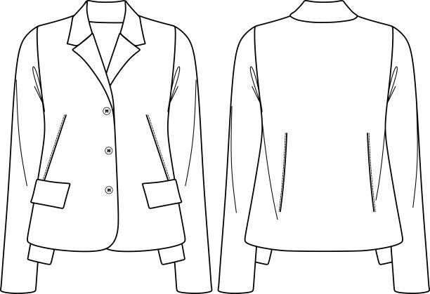 矢量长袖夹克时尚CAD，冬季女子针织开衫技术图纸，女子花呢运动夹克模板，平面，草图。针织或梭织上衣，前、后视图，白色图片下载