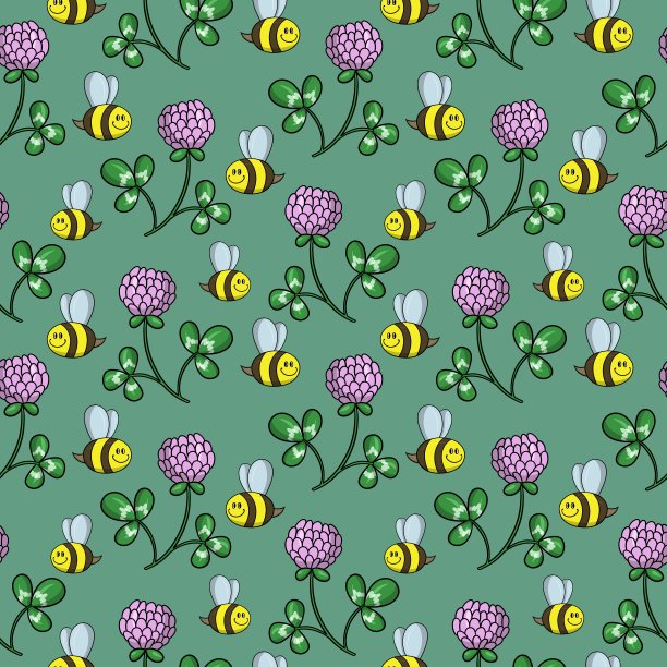 儿童绿色印花，小蜜蜂采蜜，三叶草花，卡通风格无缝方形图案图片下载