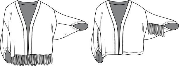 矢量长袖夹克与流苏装饰时尚CAD，夏季妇女和服与流苏技术图纸，模板，平面，草图。针织或梭织和服，正面，背面，白色图片下载