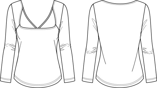 矢量方领长袖上衣时尚CAD，女人冬季t恤技术图纸，顶部与剪纸细节平，模板，草图，模拟。泽西衬衫，前后视图，白色图片下载