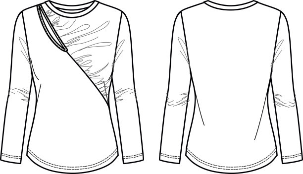矢量圆领长袖上衣时尚CAD，女人冬季t恤技术图纸，顶部与褶边和剪纸细节平，模板，草图。泽西衬衫，前后视图，白色图片下载