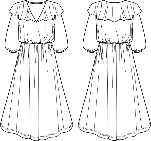 矢量及长裙波西米亚时装CAD，女人喇叭v领与喇叭领长裙技术图纸，模板，草图，平，模拟。针织或梭织服装，正面，背面，白色图片下载
