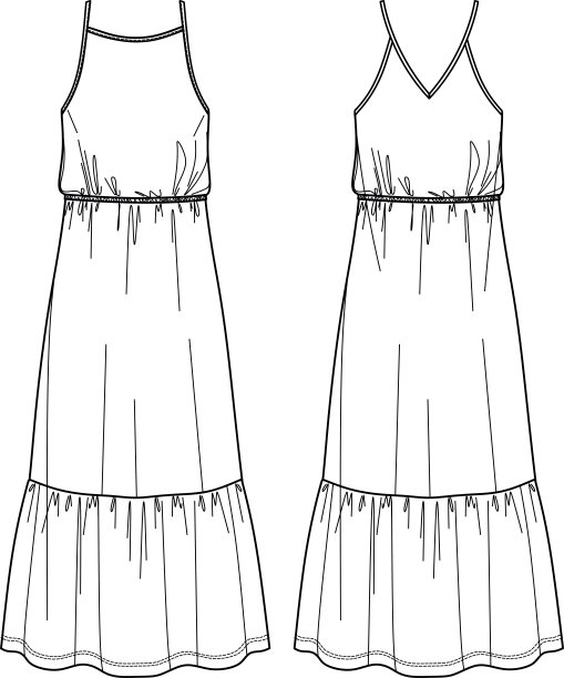 矢量喇叭长裙时尚CAD，女人长裙与肩带技术图纸，褶边细节连衣裙平，模板，草图。针织或梭织服装，正面，背面，白色图片下载