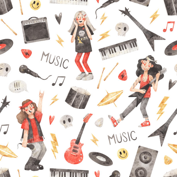 图案有摇滚乐队，扇子，乐器。图片下载