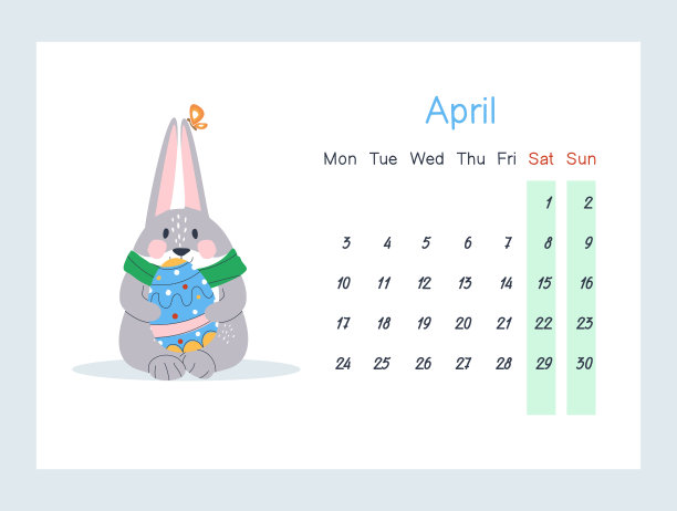 一只兔子坐在那里，爪子里夹着一个彩绘的复活节彩蛋。复活节兔子。2023年4月日历。一周从周一开始，周六和周日都是灰色的。平面向量图片下载