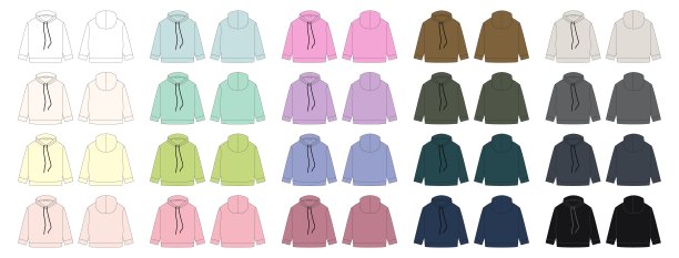 卫衣技术草图设置在不同的颜色。CAD模型模板帽衫集合。吸引孩子们的衣服。图片下载
