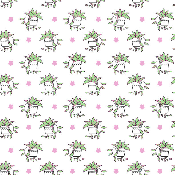 无缝图案与盆栽和花卉。带有室内植物的矢量插图。在白色背景上。图片下载