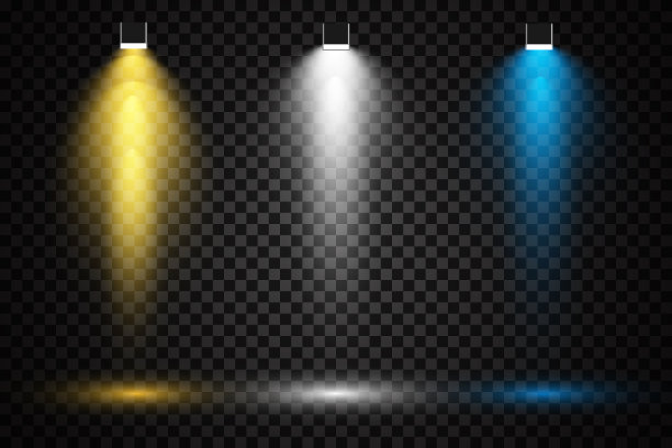 透明背景上的一组彩色聚光灯。用聚光灯照亮。聚光灯，白色，蓝色，黄色。图片下载