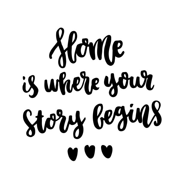 手绘墨水语录:家是你故事开始的地方。时髦的书法风格，白色背景。可用于卡片、马克杯、宣传册、海报、模板等。图片下载