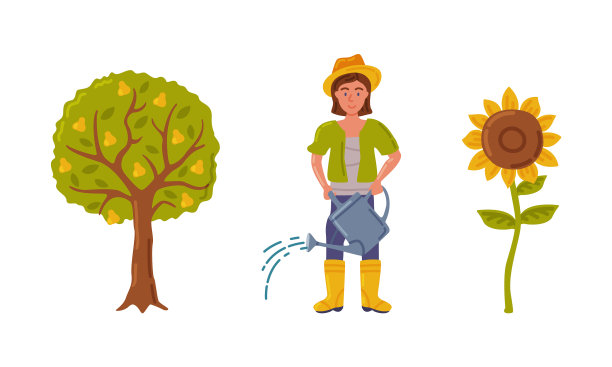 妇女农民与浇水罐向日葵和图片下载