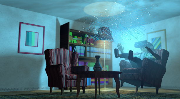 一个年轻人坐在从客厅飘出来的扶手椅上，戴着带蓝光的虚拟现实眼镜。三维演示图片下载