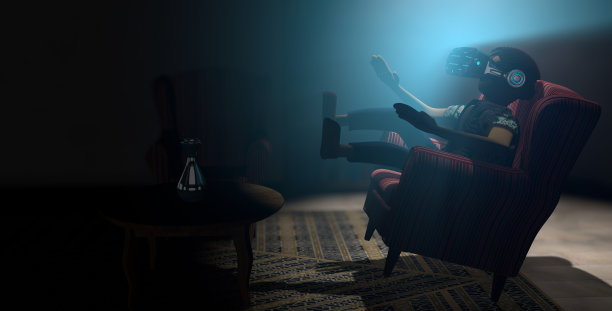在他黑暗的房间里，一名年轻人戴着蓝光虚拟现实眼镜，从侧面跳上了漂浮的椅子。三维演示图片下载