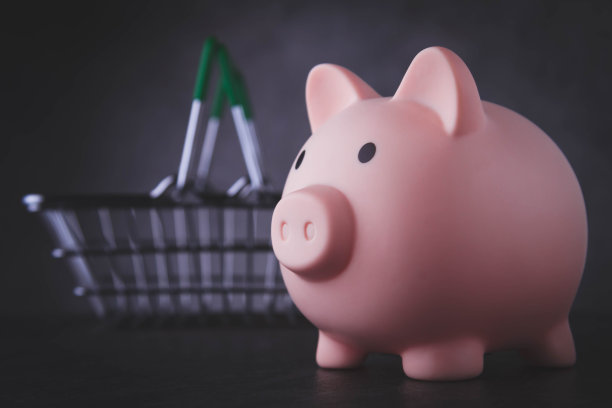 存钱买食物。存钱的存钱罐和放商品的篮子。图片下载