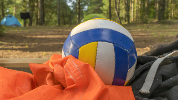在森林里排球球的特写。三色排球皮球。在森林露营区打排球。图片下载