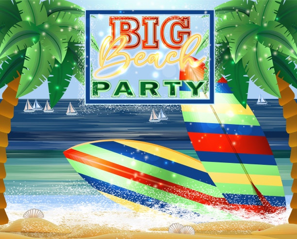大海滩派对贵宾卡，配有冲浪板棕榈树图片下载