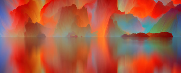 神奇的世界。抽象的景观，超现实的湖泊和倒影。艺术、创造力和想象力。三维演示图片下载