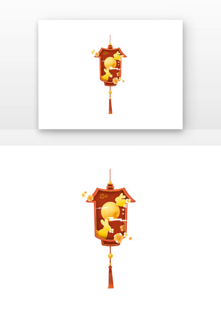 灯笼剪影两只金色活泼兔子叼着花中秋元素图片下载