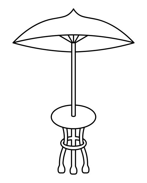 桌子上有一把伞。草图。户外室内元素，防雨和防晒。矢量插图。有三个腿的圆桌。孤立背景上的大纲。图片下载