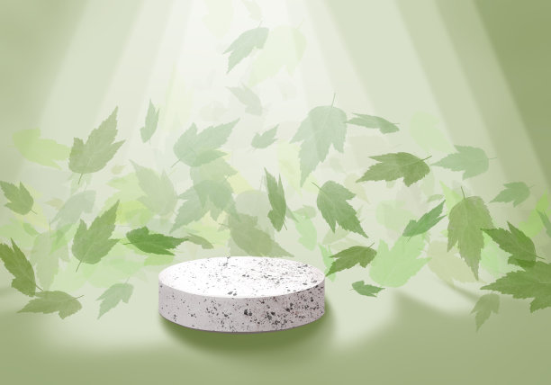 展览平台。绿色3 d背景。石头圆柱形基座。化妆品陈列架。下降的绿叶。3 d渲染。热带系列图片下载