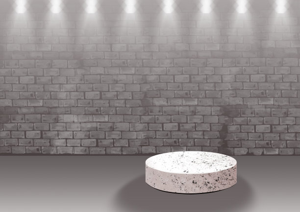展览平台。3 d背景。砖墙。圆柱形石头基座。代表化妆品。3 d渲染。单色系列图片下载
