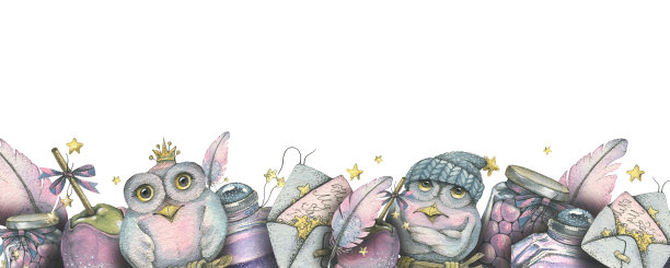 可爱的猫头鹰，羽毛，信件和糖果。冬季，儿童，新年，圣诞节，水彩插图。用于墙纸、印刷品、装饰品、卧室的设计和装饰图片下载