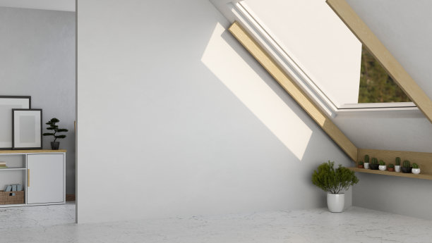 最小的白色家庭阁楼室内设计，室内植物，窗户，家具和复制空间图片下载
