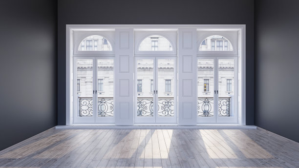 一个带有黑色墙壁的空房间的3d渲染，现代黑色客厅设计，3d可视化，背景室内插图，三个高大的拱形落地窗，高高的天花板，极简主义的客厅图片下载