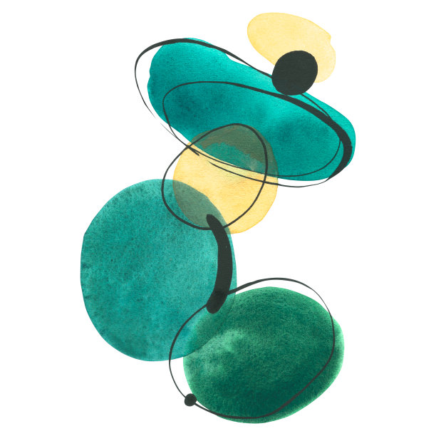 水彩斑点与图形元素在蓝色，绿松石和黄色。抽象的成分。用于海报、明信片、壁纸、贴纸、横幅、背景、商业等的设计和装饰。图片下载