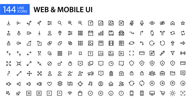 144个简单的线条艺术网页和移动UI图标像素图片下载
