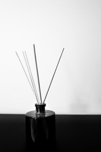 黑色陶瓷花瓶里的香氛棒。室内物品静物单色在黑色的桌子上对着白色的墙壁背景。图片下载