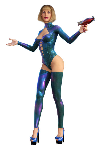 未来主义的战士女孩穿着蓝色的制服，带着枪图片下载