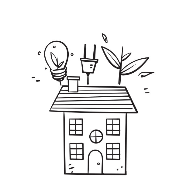 手绘涂鸦房子与灯泡和植物象征生态生活的插图图片下载