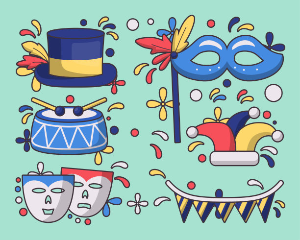 矢量排版插图的Mardi Gras美紫色和多色的节日旗帜，五彩纸屑，鼓和更多。节日贺卡图片下载