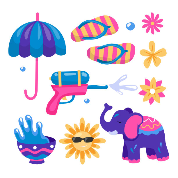 宋干节五彩水枪的收藏，平面设计师的元素。矢量图图片下载