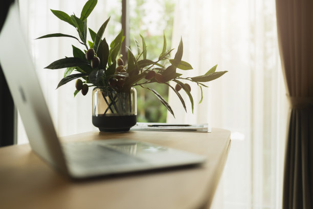 工作桌上的笔记本电脑在木制工作桌上与阳光的背景在家里工作室家庭室内设计概念图片下载