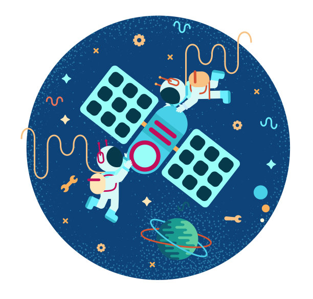 两名宇航员修理太空卫星-矢量卡通插图图片下载