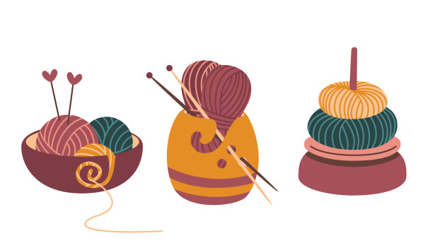 一套彩色羊毛纱线Skeins和针织针在一个可爱的纱球。矢量平面插图，孤立的，卡通，剪贴画。图片下载