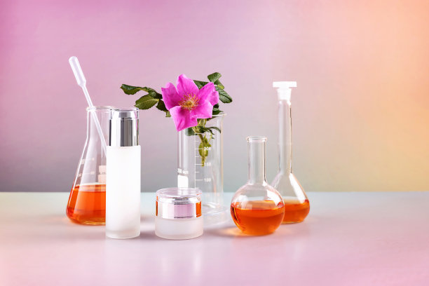 化妆品容器，实验室烧杯和玫瑰果花的梯度背景。天然化妆品的概念图片下载