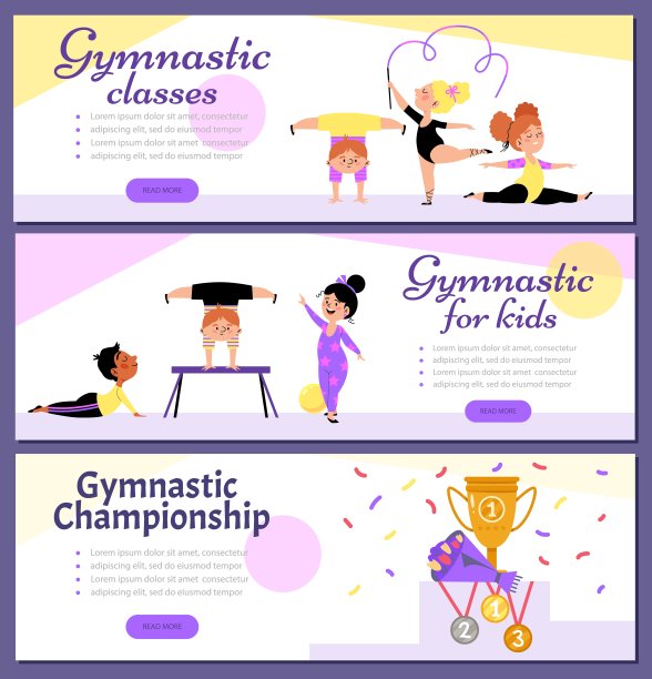 白人和西班牙裔的女孩和男孩在做伸展运动、带着丝带跳舞、倒立、劈叉和体育体操。图片下载