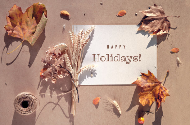 快乐的秋季节日，贺卡与自然秋季装饰。干枫和橡树叶，麦穗，麻绳。平躺，阳光，长长的影子。图片下载