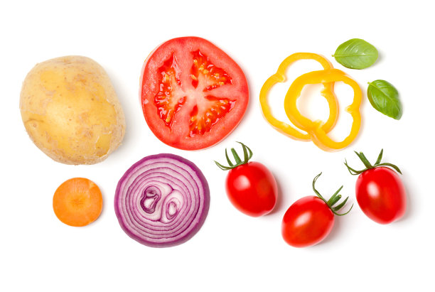 创意布局由各种蔬菜和沙拉叶子。平铺，俯视图。食品的概念。蔬菜隔离在白色背景。食物成分的模式。图片下载