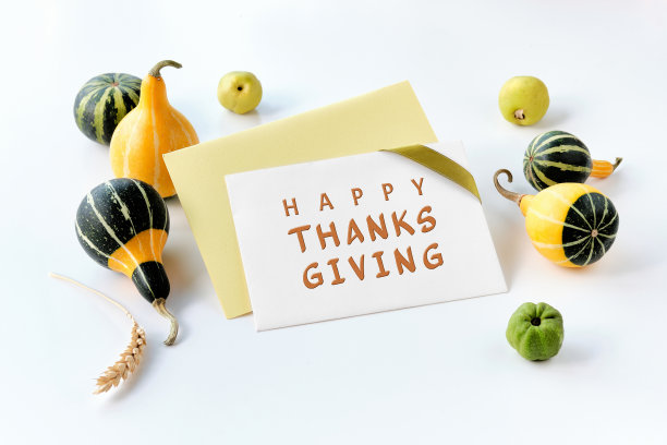 秋天的装饰品，带丝带和文字的纸卡感恩节快乐。天然装饰秋季南瓜和温瓜水果。图片下载