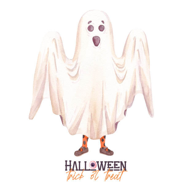 水彩万圣节插画，可爱的小女孩伪装成鬼。Сostume聚会。不给糖就捣蛋图片下载