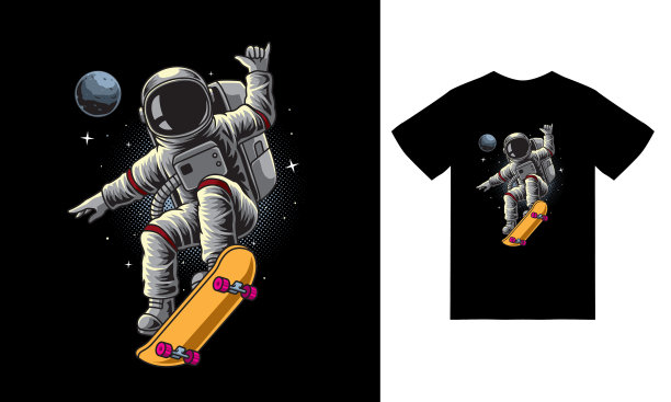 宇航员玩滑板在太空插图与t恤设计溢价矢量图片下载