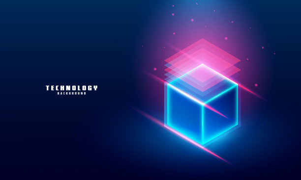 现实的3d立方体与蓝色发光在深蓝色图片下载